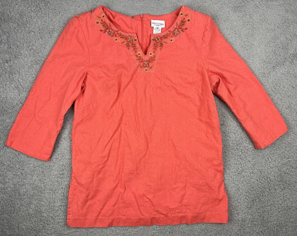 Miss Dorby Top 女式 14 衬衫亚麻混纺肩垫刺绣珊瑚波西米亚 — 第 1/4 张图片