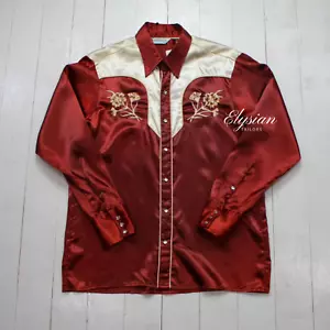 Men Retro Floral Embroidered Custom Western Cowboy Long Sleeve Red Satin Shirt - Picture 1 of 11