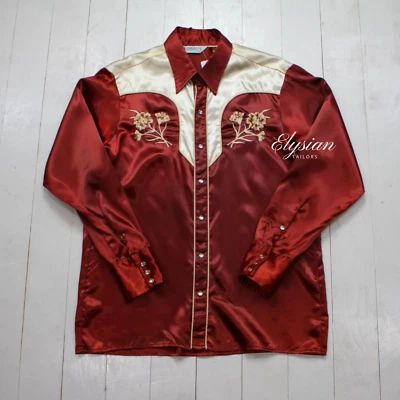 Men Retro Floral Embroidered Custom  Western Cowboy Long Sleeve Red Satin Shirt - Image 1 of 4