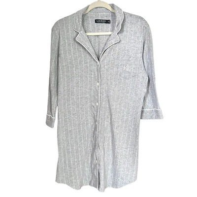Lauren Ralph Lauren Women’s Sz M Striped Cotton Button Down Sleepshirt Monogram - Image 1 of 4