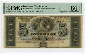 1800's $5 The Citizens' Bank - New Orleans, LOUISIANA Note PMG Gem 66 EPQ - Imagen 1 de 2