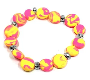 Modeschmuck Armband in Neon gelb pink marmoriert  Strech Handarbeit 1,5cm - Bild 1 von 1