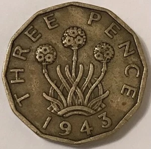 1943 Great Britain 3 Pence VF-XF Nickel Brass - Picture 1 of 4