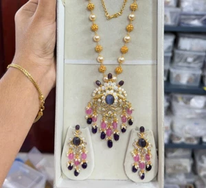 Collar de perlas Pachi Kundan largo indio paquistaní novia chapado en oro conjunto de joyas - Imagen 1 de 9