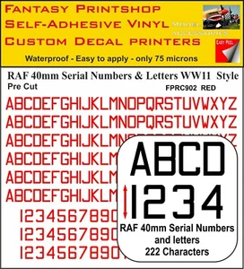RC Vinyl Sticker Decals RAF LETTERS NUMBERS 40mm PRE CUT FPRC902 RED GLOSS - Picture 1 of 3