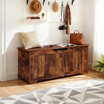 Cofre de almacenamiento cofre de juguete de madera con tapa banco de almacenamiento bisagra de seguridad marrón rústico Foto 1 de 4