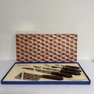 Vintage Burns Serrated Knives Set Stainless Steel W/ Brown Wood Handles Knife - Picture 1 of 19