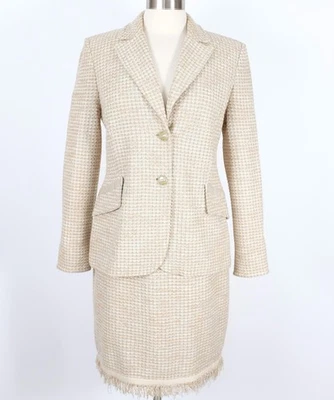 Traje Colección St John 6 Chaqueta Falda Taupe Musgo Verde Tejido Flecos Foto 1 de 4