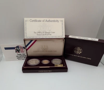 1992 Монетный двор США Олимпийский пруф золото и серебро 3 монеты доказательство комплект OGP, COA - Изображение 1 из 4