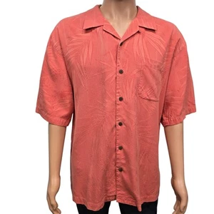 Tommy Bahama Camp Shirt Men XL Coral Peach Palm Print Hawaiian Silk Cotton - Picture 1 of 13