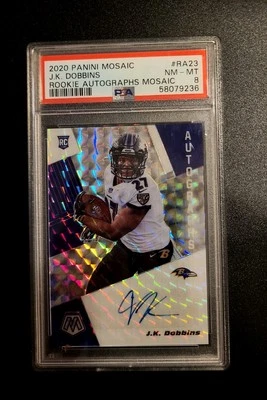 2020 Panini Mosaic, Rookie Autographs Insert- J.K. Dobbins #RA-23 PSA graded #8 - Image 1 of 4