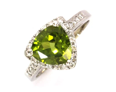 14k White Gold Natural Trillion Cut Peridot and Diamonds Halo Engagement Ring - Image 1 of 4