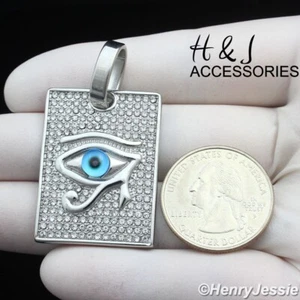 MEN Stainless Steel Silver ICY Bling CZ Blue Eye Dog Tag Pendant*AP136 - Picture 1 of 3