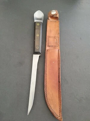 VINTAGE FIXED BLADE KNIFE SPOON COMBO WITH LEATHER CASE WOOD HANDLE  - Image 1 of 4