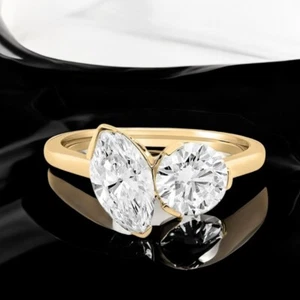 Gold Ring Toi et Moi Marquise And Round Cut 14k Yellow 1.00 Ct Lab Grown Diamond - Picture 1 of 8
