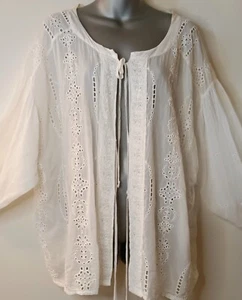 Johnny Was weiße Ösenbluse Ärmel BOLO Boho Zigeuner Cottage Core Coastal XXL - Bild 1 von 13