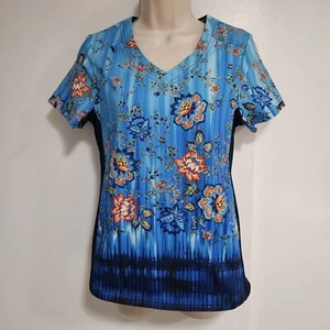 Koi Lite Scrub Size XXS Blue Floral V-neck Stretch Scrub Top Side Stretch Panel - Picture 1 of 5