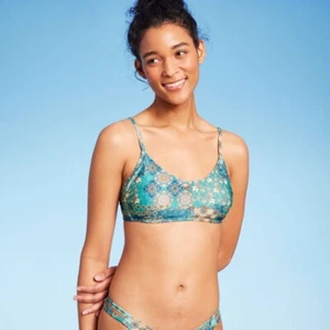 Women's Scoop Front Bralette Bikini Top - Wild Fable™ Blue Patchwork Print XXS - Picture 1 of 3