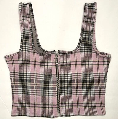 Camiseta sin mangas corta con corsé y cremallera frontal a cuadros Hollister rosa y negro para mujer - talla S Foto 1 de 4