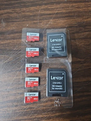 Lexar 2x128 & 3x32GB Micro SDHC Card With SD Adapters - Image 1 of 3