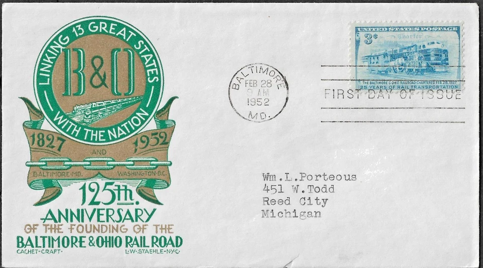 (20)  USA - 1952 125th ANNIVERSARY BALTIMORE & OHIO RAIL ROAD FIRST DAY COVER - Image 1 of 1