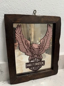 Vintage Harley Davidson Wood Framed Mirror 12x10 - Picture 1 of 3