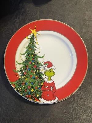 Set Of 4 THE GRINCH Christmas Tree Red 8” Salad Dessert Ceramic Plates Gold Rim - Image 1 of 3