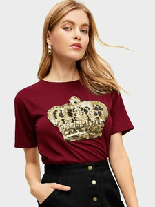 NEW EMBELLISHED LEOPARD KING BURGUNDY ROUND NECK STRETCH JERSEY TEE TOP L 12 14 - Picture 1 of 4