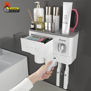 Toothbrush Holders for Bathrooms, 2 Cups Toothbrush Holder Wall Mounted with Too - Picture 1 of 12