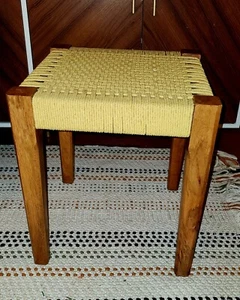 Vintage Danish Mid Century Modern Teak Rope Stool Ottoman  - Picture 1 of 4