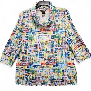 Ali Miles Burnout Crinkle Cowl Neck Tunic Womens XL Multicolor Artsy Lightweight - Picture 1 of 11