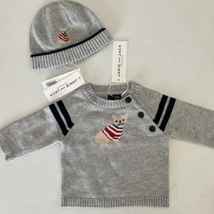 NWT infant boy 0-3 JANIE & JACK GRAY cotton Marled SWEATER/CAP 2pc Set bulldog - Picture 1 of 5