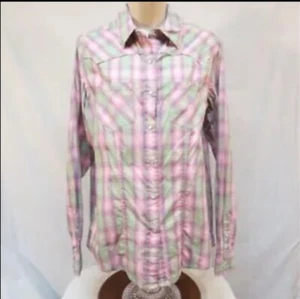 Cruel Arena Fit Western Pink Mint Plaid Distressed Pearl Snap Shirt NWT Size L - Picture 1 of 8