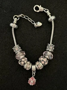 Pink Beaded Charm Bracelet Rhinestones Silver Toned 9” - Imagen 1 de 7