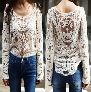 UK Womens Semi Sheer Sleeve Embroidery Floral Lace Crochet Tops Blouse Size 6-18