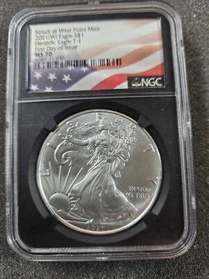 🌟 2021-(W) SILVER EAGLE NGC MS70 T-1 Heraldic Flag Label First Day Issue FDOI - Image 1 of 2