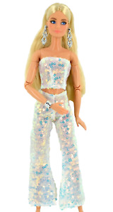 New Barbie Doll Clothes WHITE SEQUIN TOP~PANTS~EARRINGS~BRACELET