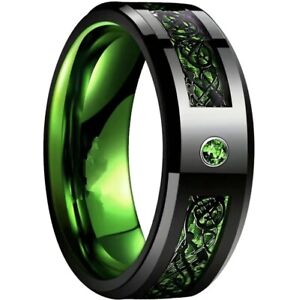 Ring w Black Dragon Pattern & Green Carbon Fiber Inlay Stainless Steel Size 7