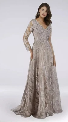 NWT* LARA -Long Sleeve Beaded Lace V-Neck Ball Gown-Size 22 (Retail $658) - Image 1 of 4