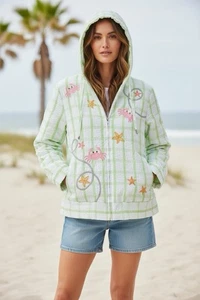 Vintage Neuheit Strand Seersucker Jacke bestickt Meeresbewohner Größe Large - Bild 1 von 2