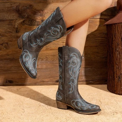 Women Pull On Western Mid Calf Boots Square Toe Cowboy Cowgirl Boots - Image 1 of 4
