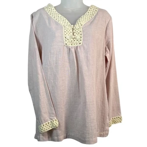 Vineyard Vines Top Womens Medium Long Sleeve Pale Pink Crochet Trim Tunic Cotton - Picture 1 of 9