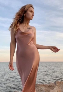 Neu mit Etikett Serenity Wear Seide Karamell Rose Satin Schlupfkleid $ 499 lang D35 - Bild 1 von 11