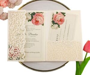 25pcs Vintage Tri Fold Wedding Invitations Cards pocket Pearl Paper Laser Cut