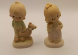 Set of 2 Figurines Boy with Bear and Girl with Doll and Book Ceramic 4" - Picture 1 of 11