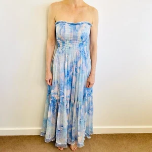 Leo Lin Sz 8 Oceania Strapless Silk Linen Chiffon Maxi Dress Australian Designer - Foto 1 di 21