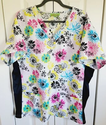 Greentown 2X Scrub Top Plus Size Women’s Multi Color Slimming V-Neck  Floral - Image 1 of 4