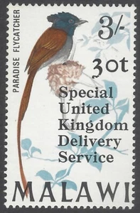 AOP Malawi 30t Bird ovpt SPECIAL UNITED KINGDOM DELIVERY SERVICE 3/- - Picture 1 of 2