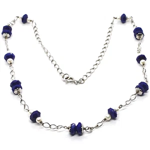 COLLANA ARGENTO 925 CON LAPISLAZZULI BLU DISCO SFACCETTATO E PERLE BIANCHE 45 CM - Foto 1 di 5