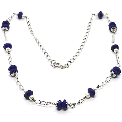 COLLANA ARGENTO 925 CON LAPISLAZZULI BLU DISCO SFACCETTATO E PERLE BIANCHE 45 CM - Immagine 1 di 4